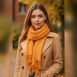 Womens Classic Solid Mustard Yellow Tassel Scarf Shawl OS